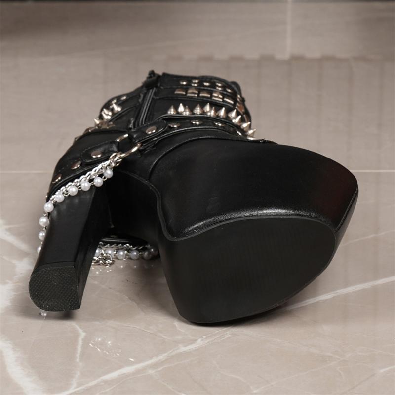 Punk Style Rivet Chain Platform Chunky Ankle Women Boots Fashion Zipper Super Extremely Heels Shoes Booties