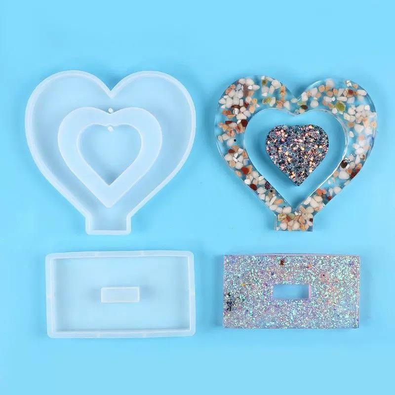 WTEMPO DIY Epoxy Resin Molds Kit Hollowed-out Heart-shaped Photo Frame Molds with Colorful Bead Chains Home Decoration Display Stand Silicone Molds