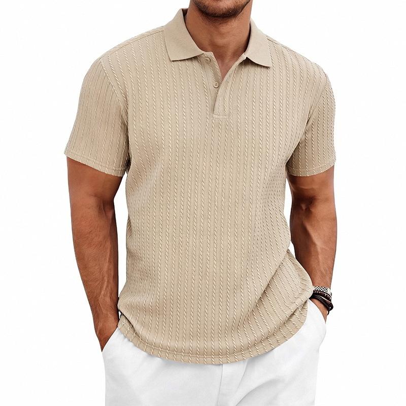 Mens Summer Textured Short Sleeve Polo Shirt Business Casual Solid Lapel Top