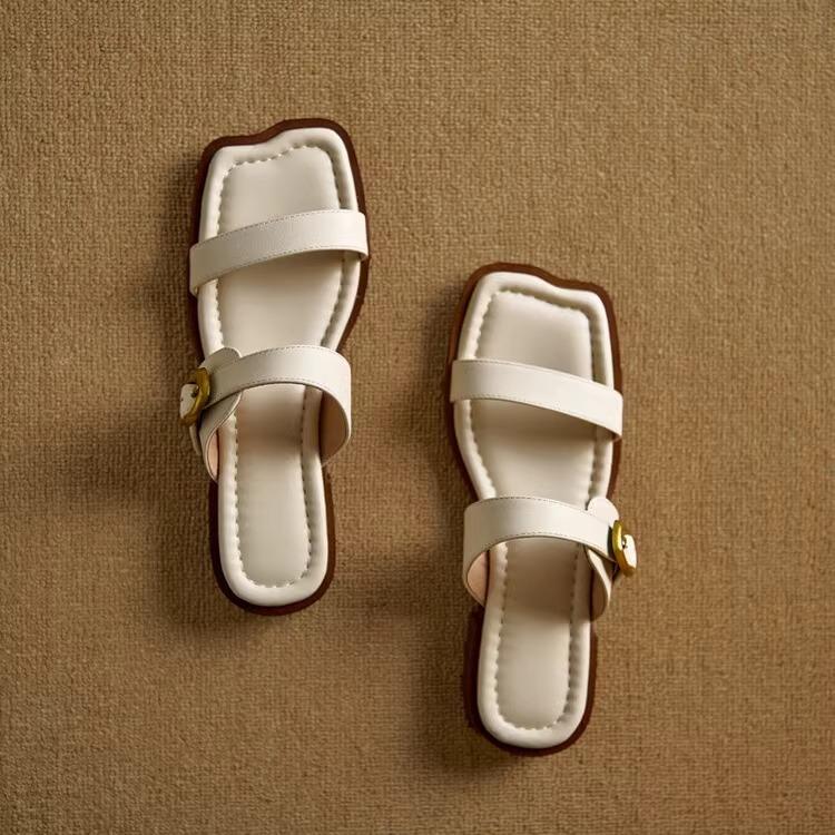 

Lan Cabinet Французские ретро однословные тапочки женские летние 2025 новые квадратный носок низкий каблук с открытым носком прохладные тапочки 40 белый