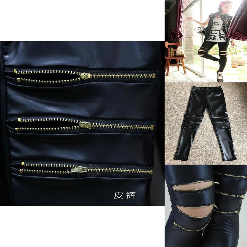 Classical Fit Slim Sexy Three Zipper Bright Leather Stretchy Leggings Pants