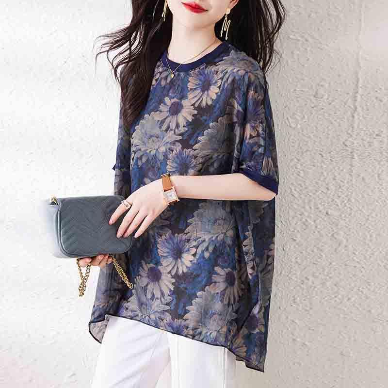 Western Style Summer Outfit Short Sleeved T-shirt Women's Plus Size Medium Long Loose Chiffon Top