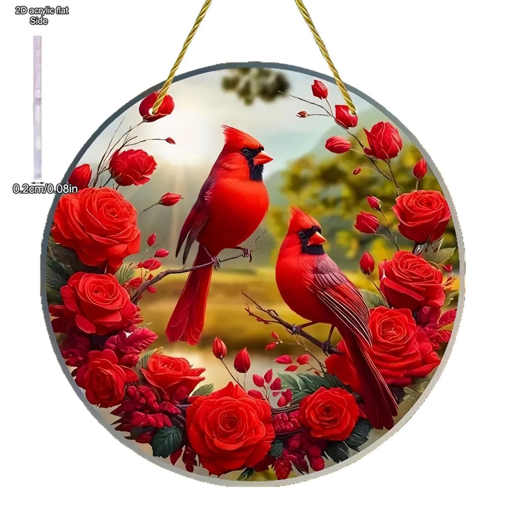 Vibrant Cardinal Bird Sun Catcher - Colorful Dyed Plastic Window Hanging Decoration, Acrylic Circular Sign, Garland Ornament, Four Seasons Decoration