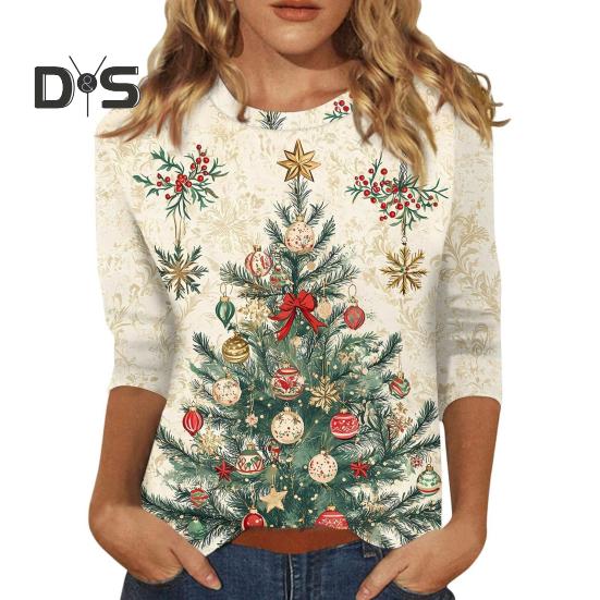 

Рождественский принт Женская футболка с круглым вырезом и рукавом 3/4 Свободный крой Пуловер Топы с дизайном рождественской елки Легкие топы XL E