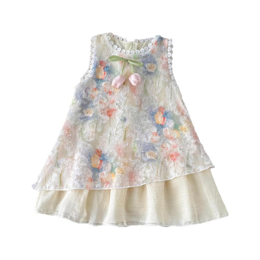 Summer Girls' Dress With Lace Trim Sleeveless Floral Sundress Little Girl'S Vacation-Style Princess Dress