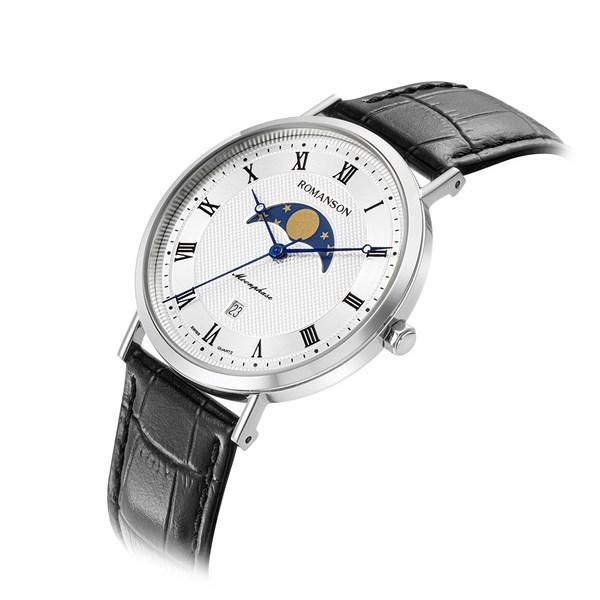 Romanson Moon Phase Men's Leather Watch RWTLFM1B2400WHSI0 + Gift Package