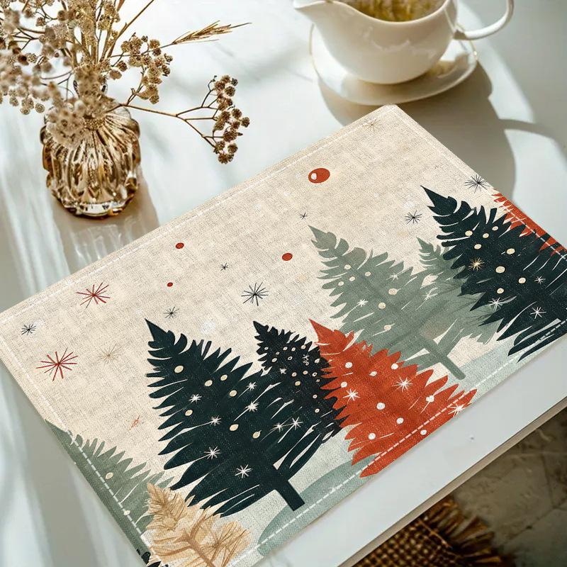 Christmas Linen Placemat Table Coffee Mat Poinsettia Pine Tree Snowflake Cone Merry Christmas Beige Red Green Elegant Decorative