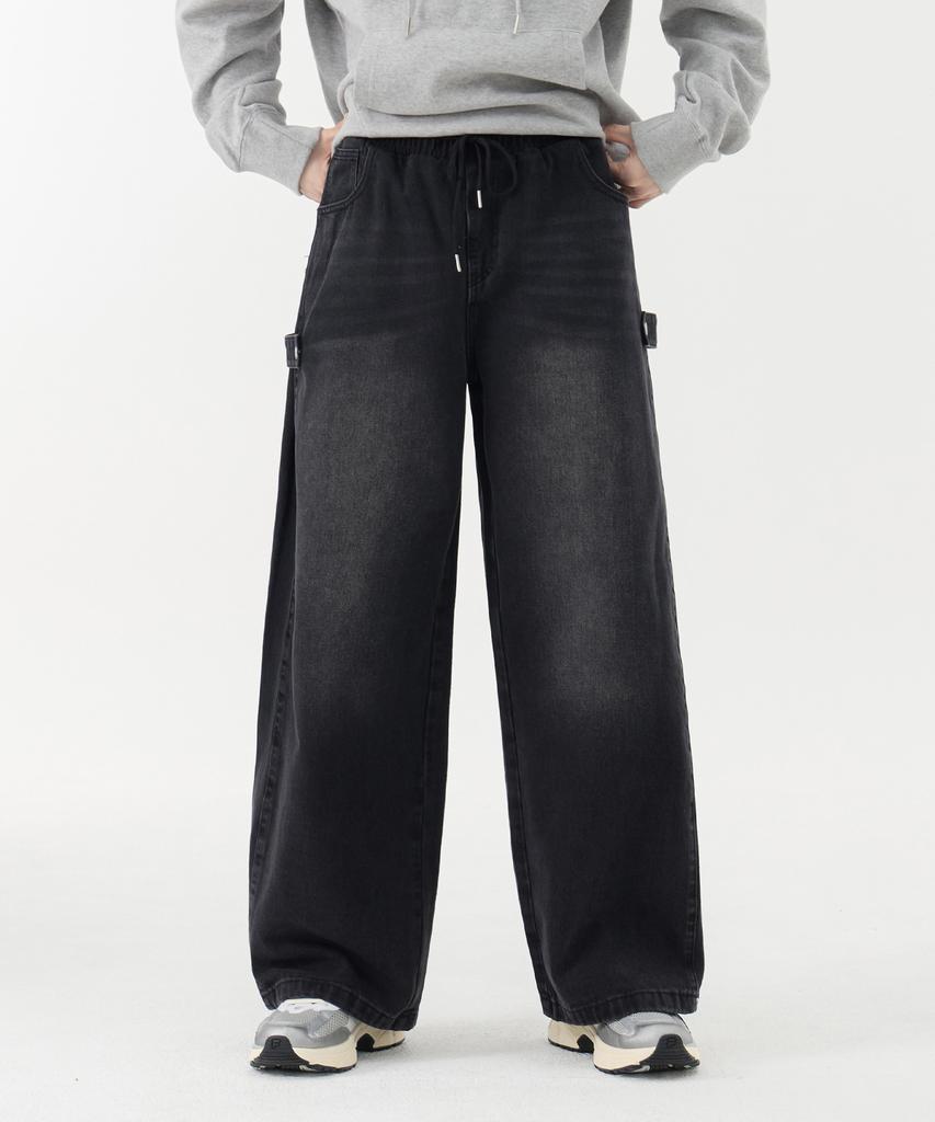 Akeusi Multi Side Strap Elastic Wide Denim Pants Unisex (Black)