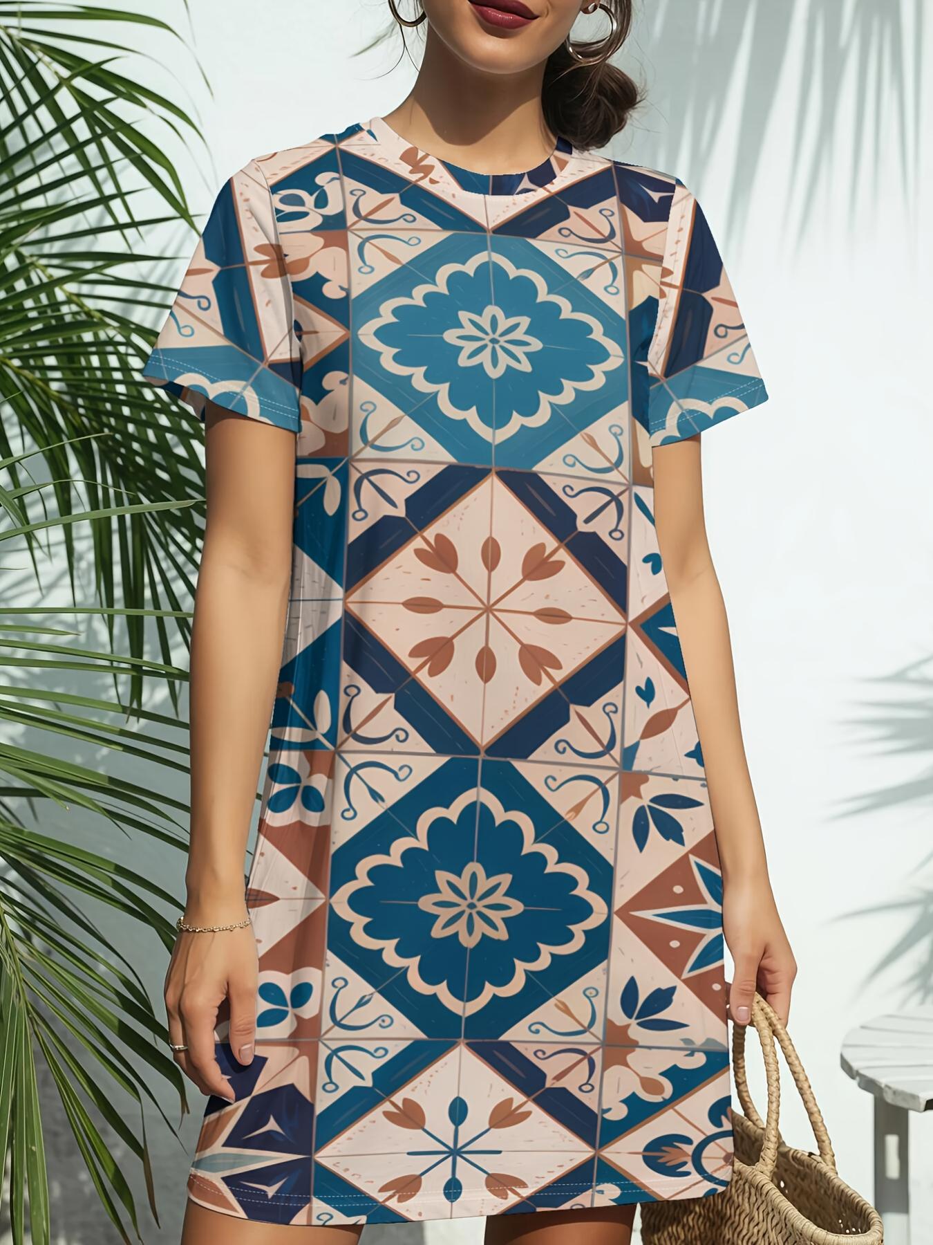 

Women s Short Sleeve T-Shirt Dress with Tile Mosaic Flair Print - Crew Neck Casual Short Dress. American Style Spring Summer Outfits. Versatile Dress XL дубильна кора