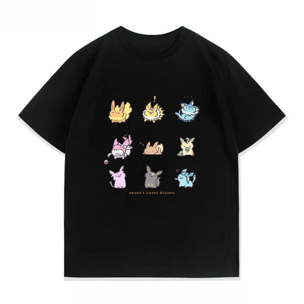 Pokmon Pocket Eevee Summer New Printed Tshirt Unisex Cotton Street Y2k Harajuku Loose Sleeve Unisex Comfortable