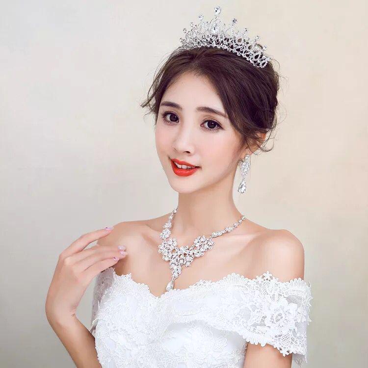 Rhinestone Bridal Jewelry Set: Korean-Style Crown, Necklace & Hair Accessories