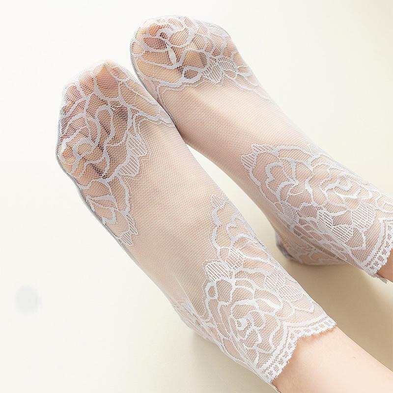 Socks Women's Lolita Lace Fashion Transparent Invisible Thin Cotton Non-Slip Short Ankle Black White Print Ruffles Boat Sock