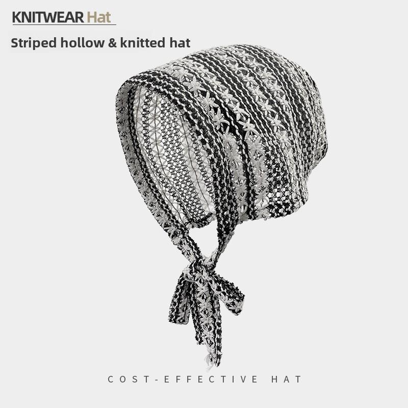 And Black Fashionable White Striped Hollow Knitted Hat For Spring Wear Summer