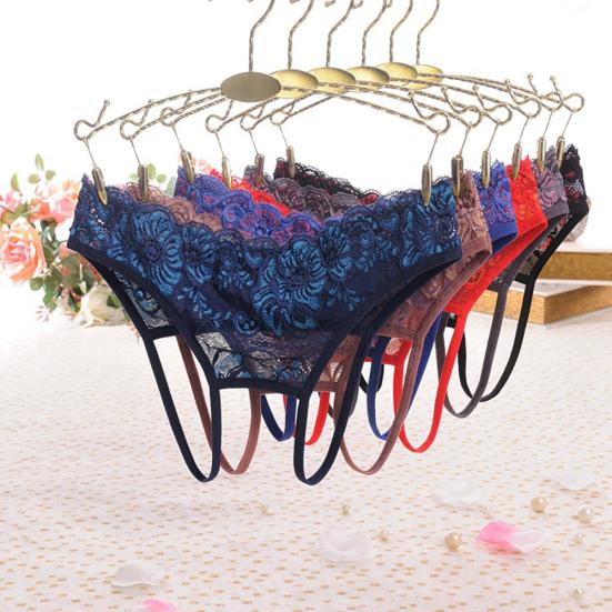 Dámské sexy krajkové spodní prádlo G-String s nízkým pasem, průhledné, rozkrokové tanga kalhotky