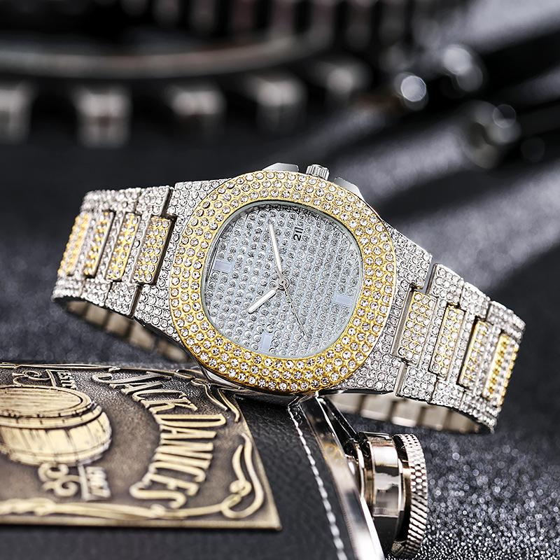 Hip-hop Elements Full Diamond Men's and Women's Watches Square Big Gold Watches Trendy Steel Belt Quartz Watches