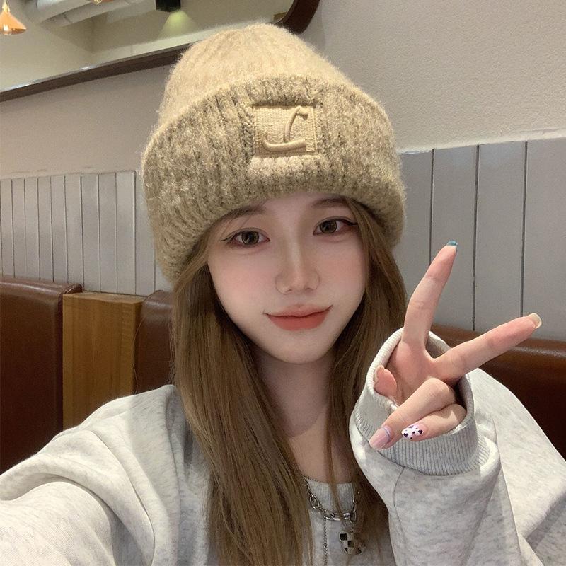 Big head circumference wool hat women's winter loose warm pile cold hat big face small knitted ear protection wool hat