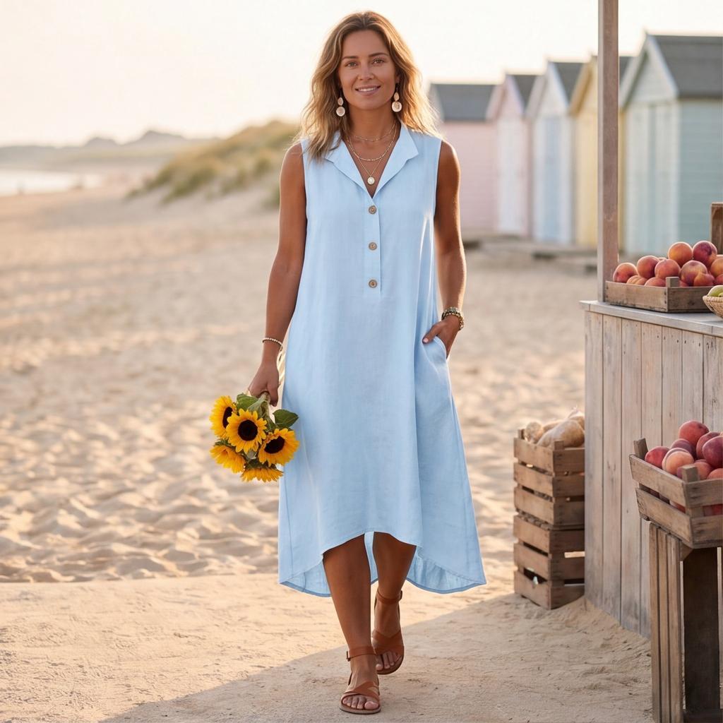 Women Sleeveless Casual Linen Cotton Blend Dress Loose Fit Button Down High Low Hem Midi Dress with Pockets for Summer Beachwear