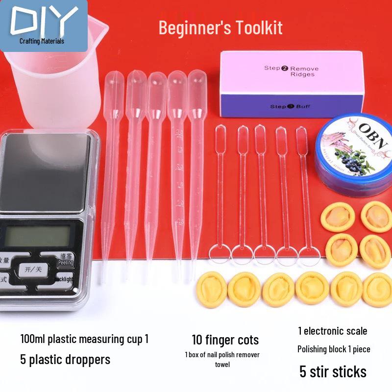 

Набор инструментов для эпоксидной смолы «Сделай сам» с перчатками, мерными стаканчиками, весами, пинцетом, пипеткой, наждачной бумагой, полиролью и пробойником.