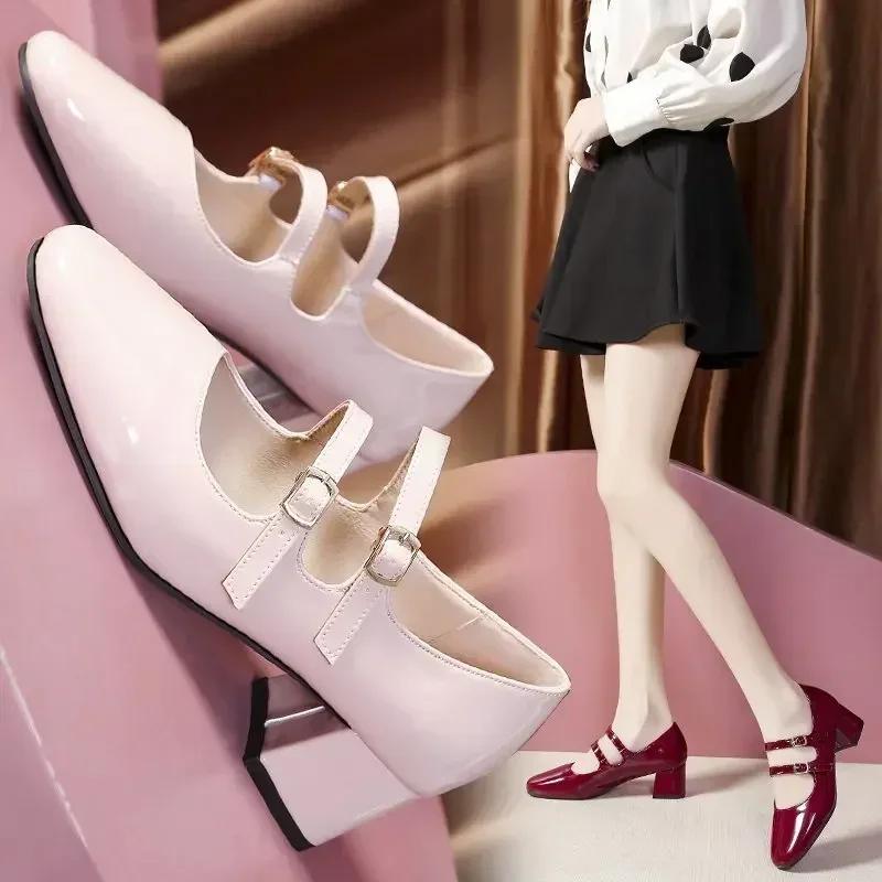 Women's Shoes 2025 Fashion Buckle Women Pumps Autumn Mary Jane Square Toe Shallow Solid Dress Party Chunky Heels Shoes Zapato