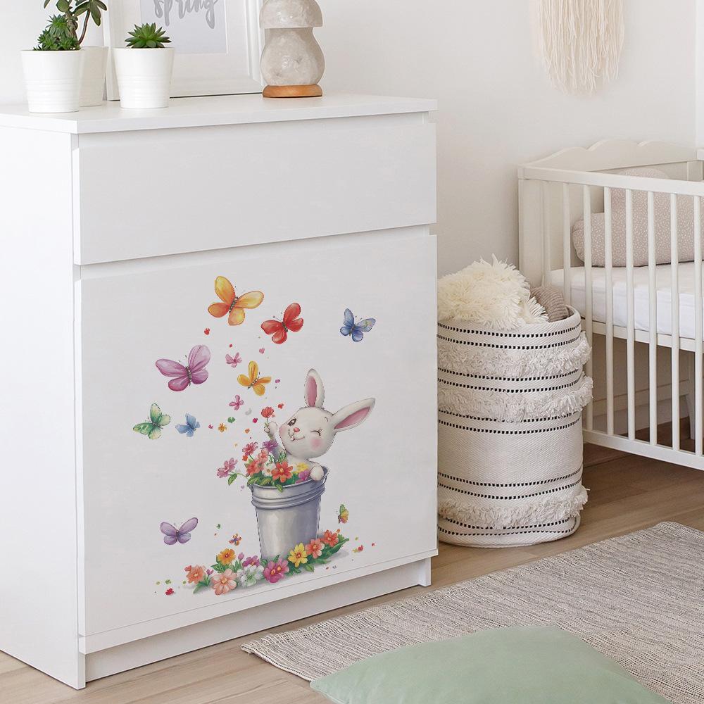 Vintage Tin Bucket Floral Rabbit Butterfly Wall Sticker Self-Adhesive Removable for Bedroom Living Room Rustic Home Decor Art