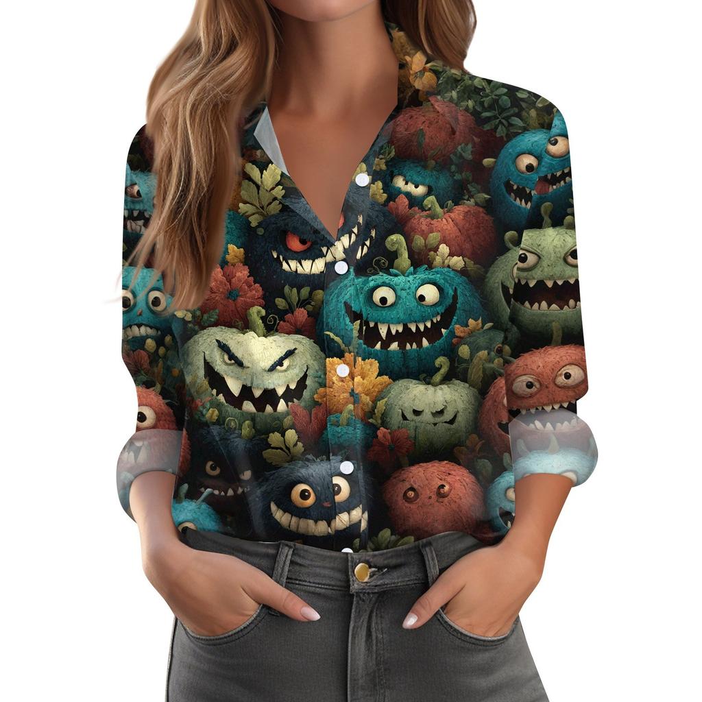 Damen Hemd Bluse Halloween Print Knopf Langarm Lässig Basic Hemdkragen Regulär Top