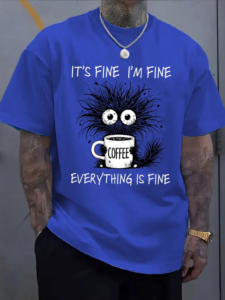 Unisex Oversize Tee It S Fine Cat Coffee Cartoon Graphic Cotton Crew Neck Short Sleeve Casual Daily Street Male Basic Fashion Top