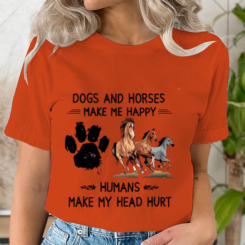 Dog Paw Wild Horses Graphics T Shirt Women Short Sleeve Shirt Dogs and Horses Make Me Happy Print Clothes Summer Female Tshirt