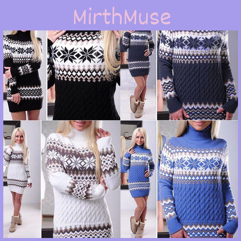 Elegant Christmas Woman Turtleneck Sweater Dress With Festive Snowflake Pattern
