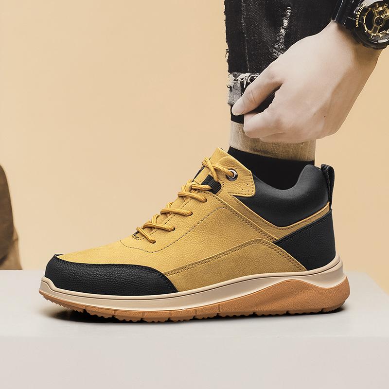 Fashion Mens High Top Sneakers New Men Pointed Toe Mens Lace-Up Walking Boots Male Outdoor Shoes Men Genuine Leather Motorcycle Boots