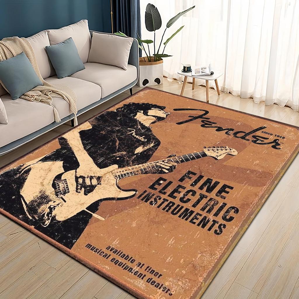 3D Retro Fender Logo Guitar Instruments Music Carpet Rug for Living Room Bedroom Home Sofa Decoration,kids Non-slip Floor Mat