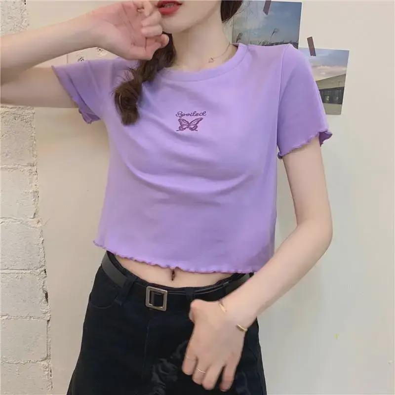 Summer 2025 Women's High-Waist Slim Fit Butterfly Embroidered Crop Top