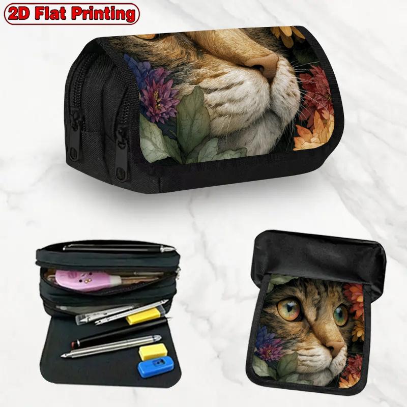 1pc a Flower Cat Themed Double-Layer Pencil Case with a Large Capacity Zipper Closure, Perfect for School, Office, And Travel Use, Making It an Excell
