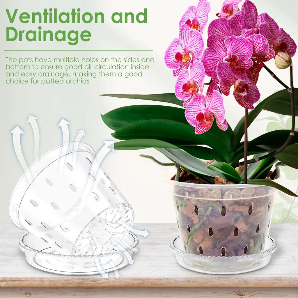 5PCS Plastic Orchid Pots 4/5/6 Inch Nursery Planters with Drainage Holes Air Vents Flower Pots for Phalaenopsis Indoor Plant