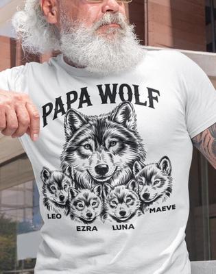 Papa Wolf Shirt – Personalized Wolf Pack Dad or Grandpa T-Shirt with Kids’