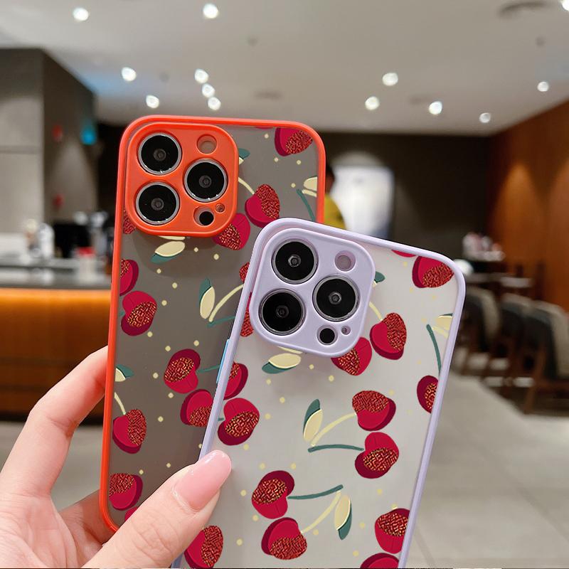 Simple Cherry Pattern Clear Matte Phone Case For iPhone 16 Pro Max 15 Pro 14 13 12 11 Soft Edge Shockproof Lens Protection Slim Phone Cover