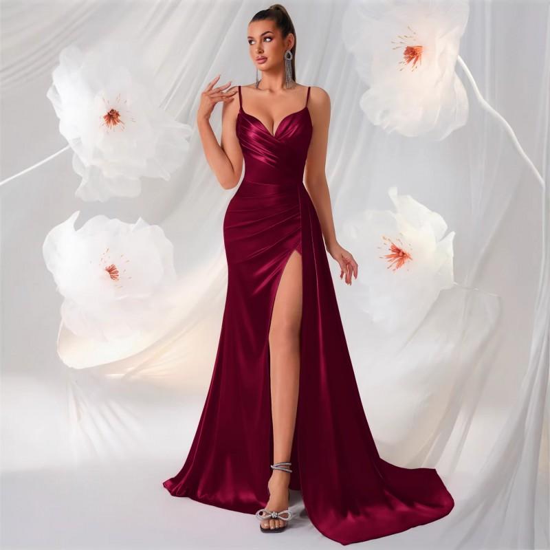 Elegant Satin Slip Dress With Side Slit Slim Fit Sleeveless Evening Gown Formal Party Hostess