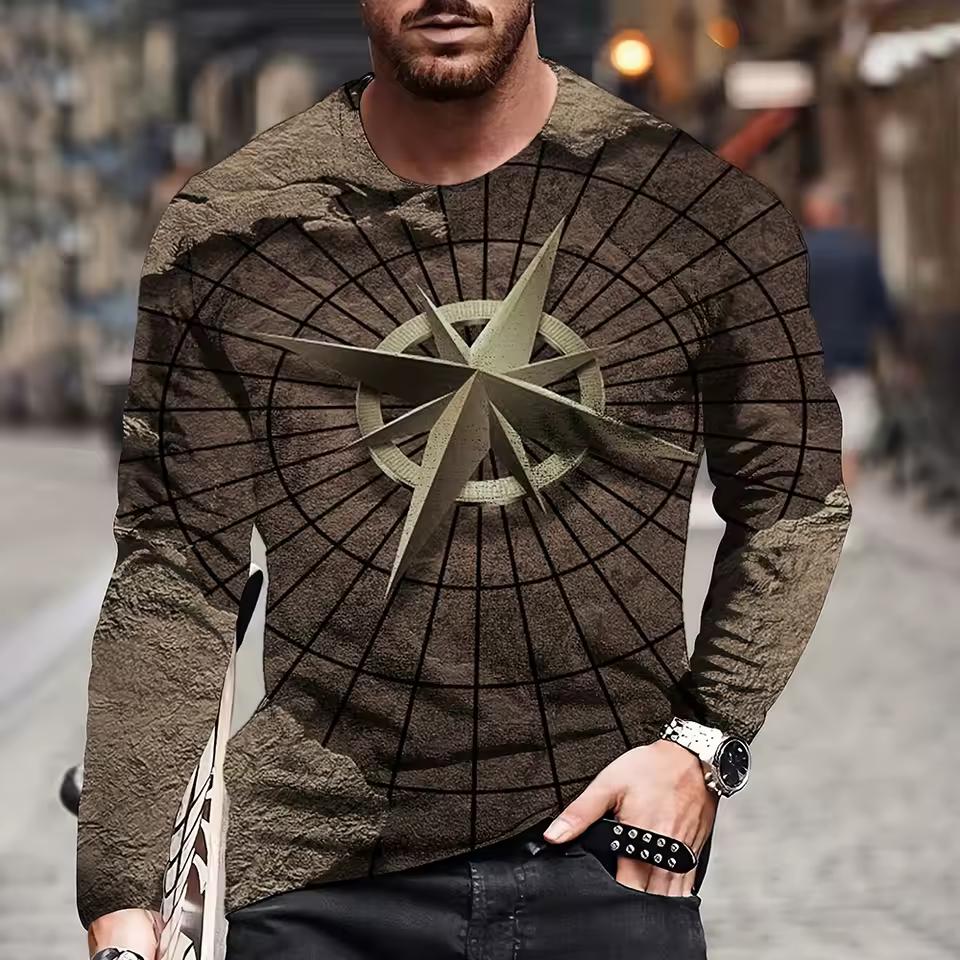 Vintage Men's Long Sleeves T Shirt Fashion Cross Pattern Long Sleeve 3D Clothing Nautical Map Print Street Harajuku Oversized