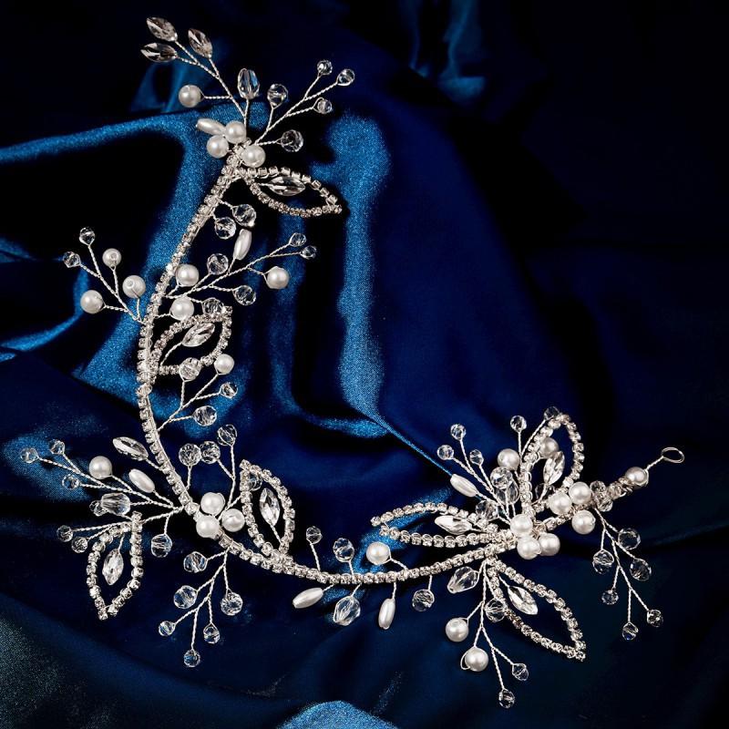 Simple All-matching Silver Rhinestones Chain Hair Band Pure Hand-woven Pearl Crystal Bead Headband Korean Bride Makeup Headwear
