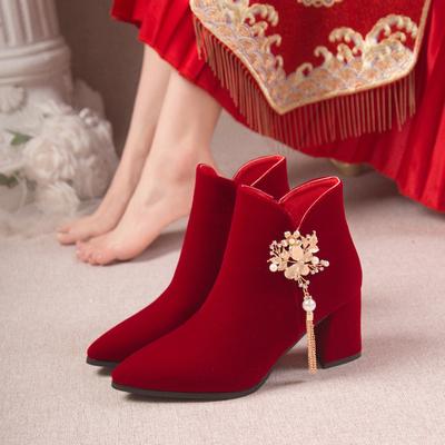 Red Wedding Bridal Shoes  Winter Women's Boots Stylish Pointed Toe High Heel Ankle Boots Female Elegant Dress Banquet Shoes