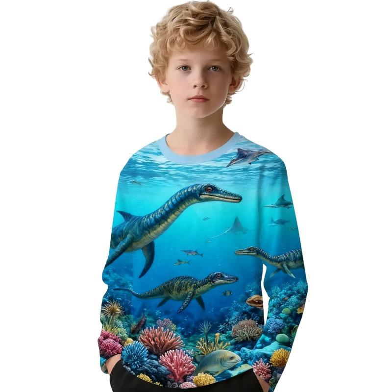 

Spring and Autumn Round Neck 3D Cartoon Dinosaurs Printed Top Fashionable Casual Long Sleeved Children s Boy T-shirts 170