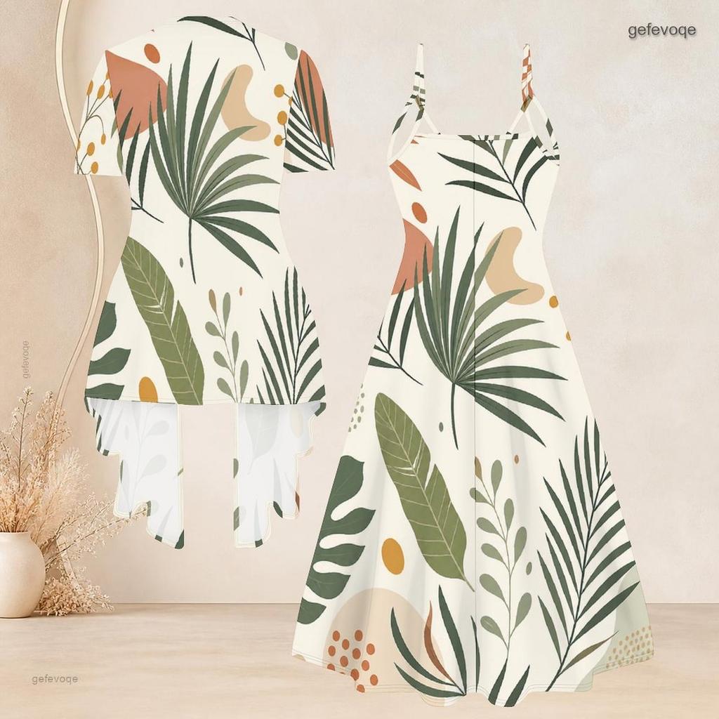 Women Plus Size Two Piece Set Fruit Leaf Printed Short Sleeve Draped Cardigan V Neck Strappy Flared Dress