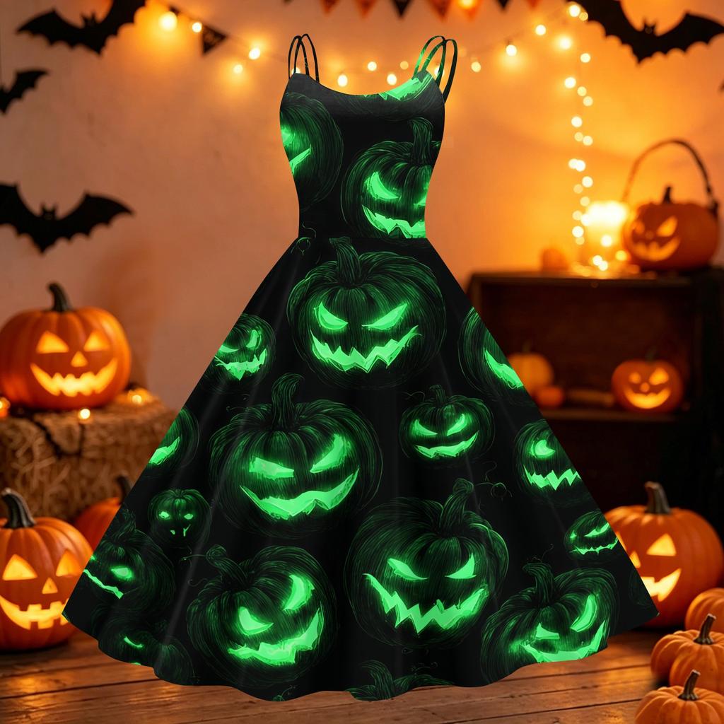 Women Off Shoulder Halloween Print Flared Vintage Dress with Spaghetti Straps and for Party or Casual Wear