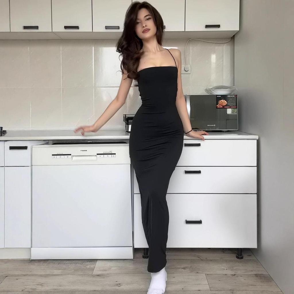 2025 Léto Evropské a Americké Dámské Jednobarevné Šaty na Ramínka s Vázáním v Pase Dlouhé