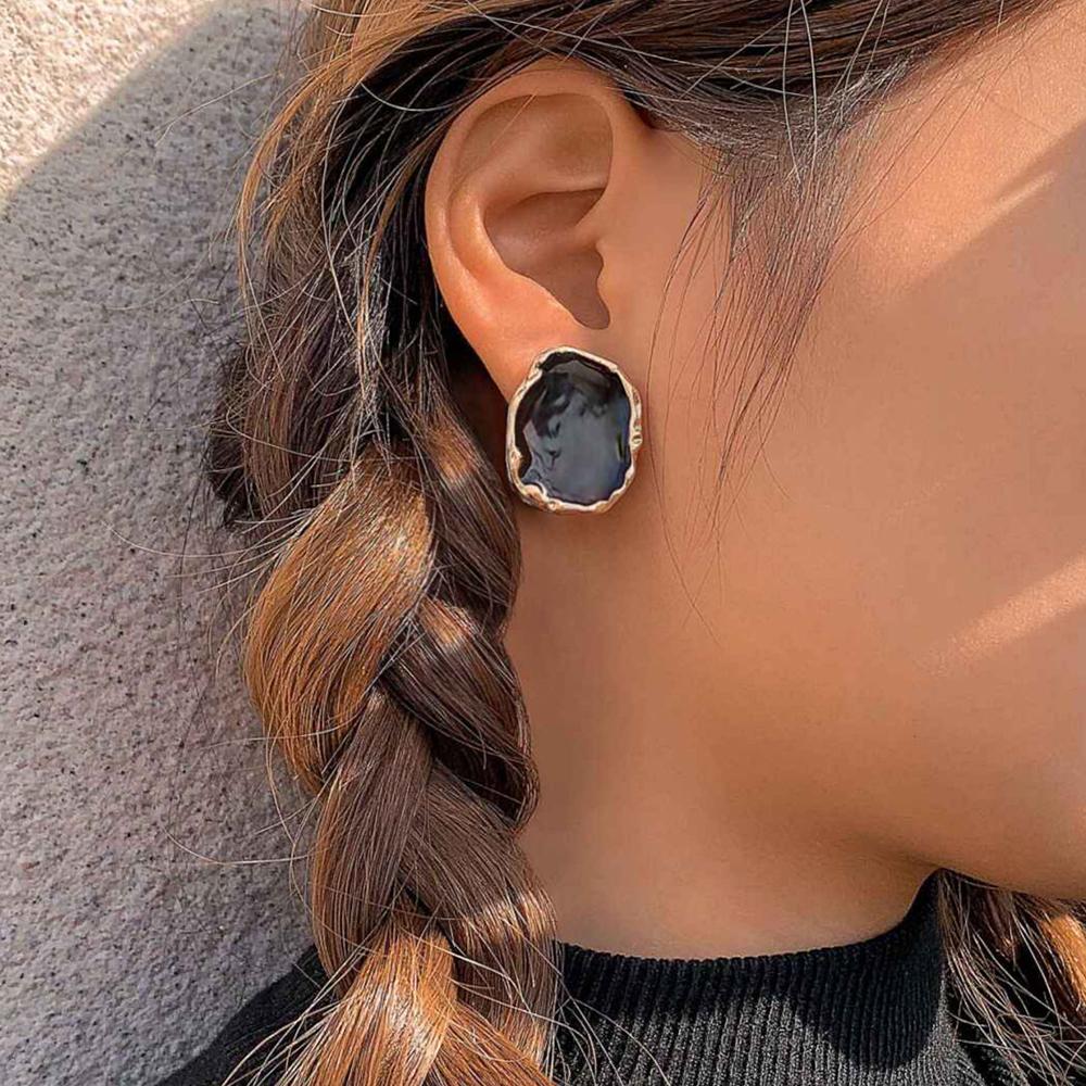 

New Fashion Vintage Earrings Enamel Rings Punk Classic Black Oil Drip Imitation Black Stones Enamel Ring Luxury Zircon Set