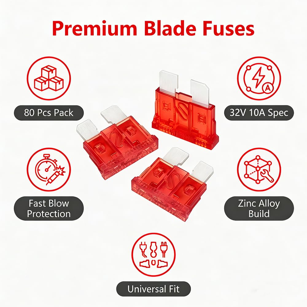 (80Pcs) 10 Amp Standard Fuse, 10A Car Blade Fuses for Car/RV/Truck/SUV/Motorcycle/Boat