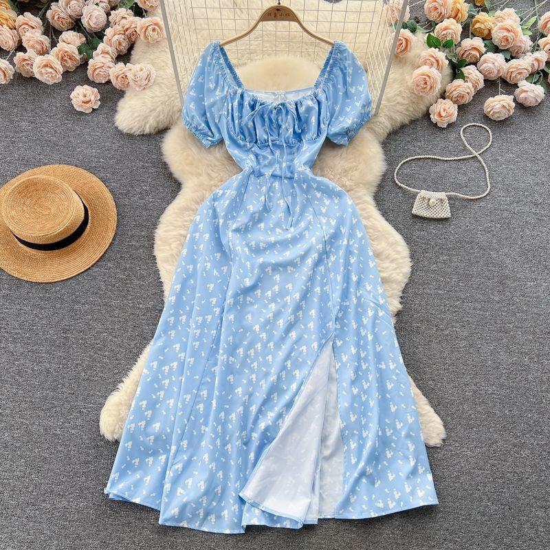 Puff Sleeves Summer Slimming Mori Style Split Dress