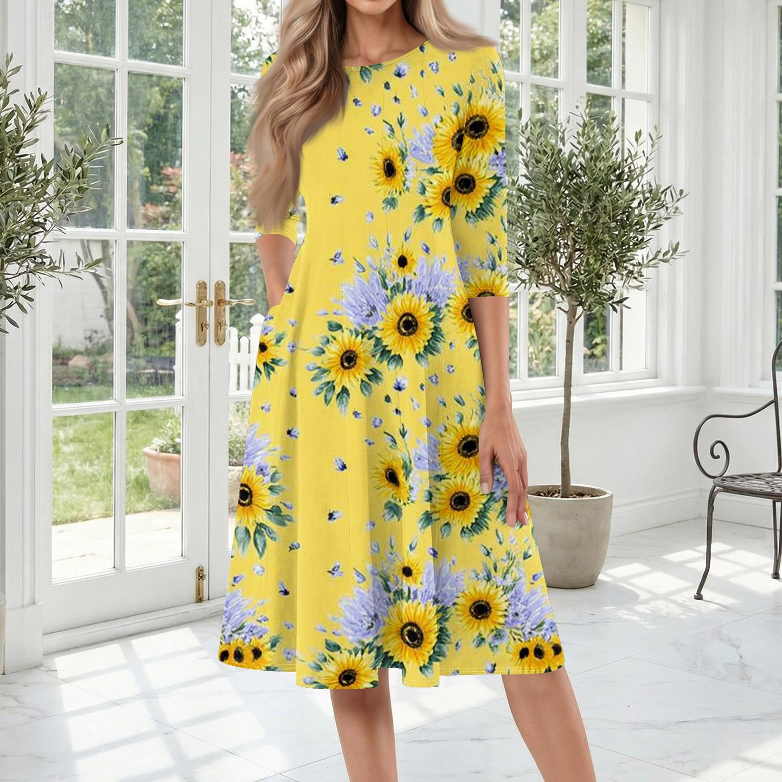 

Women s Casual Midi Dress Three Quarter Sleeve Round Neck Floral Print Comfortable Fit Lightweight Fabric XL