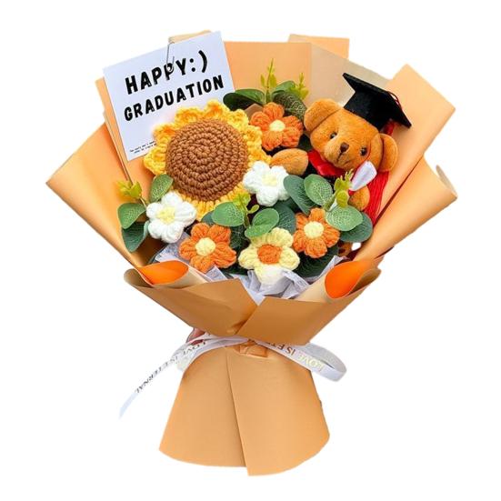 

Graduation Crochet Flower Bouquet Handmade Knitted Artificial Sunflower Puff Flower Bear Graduation Gifts for Grad Party Favors оранжевый