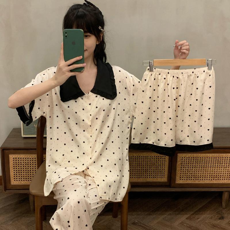 Sweet Princess Wind Bear Print Can Be Worn Outside Short-Sleeved Pajamas Loungewear Three-Piece Set