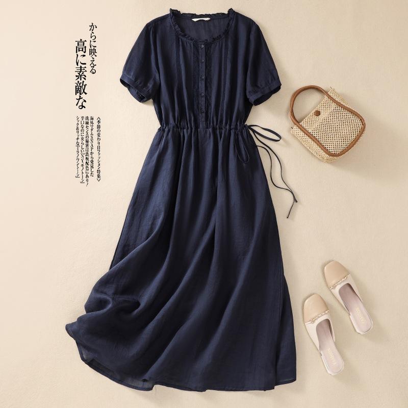 Real Shot Summer New Cotton and Linen Literary Commute Simple Solid Color Light and Thin Medium and Long Dress Women